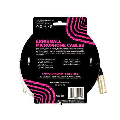 Genuine Ernie Ball 6389 Microphone Cable, 20ft, Male/Female XLR, 6.1m, White