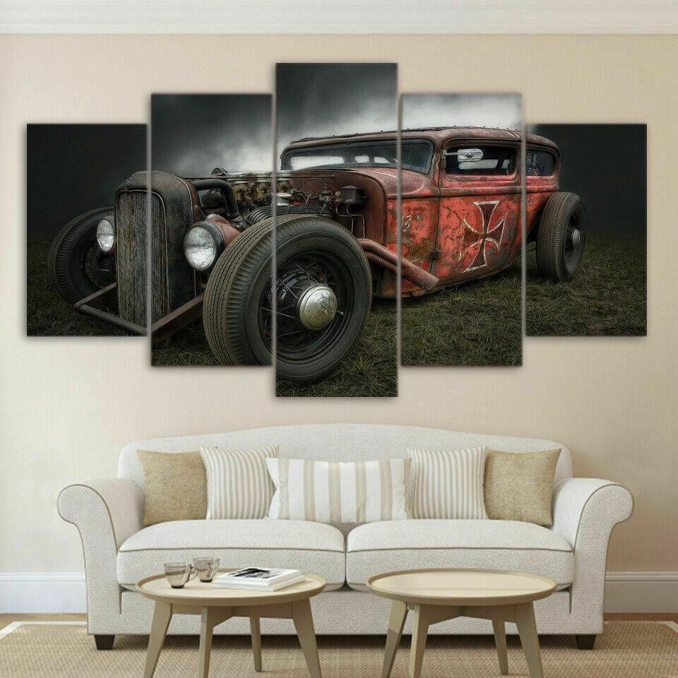 No Framed 5 Pieces Hot Rod Vintage Car Cuadros HD Print Wall Art Canvas Posters Pictures Paintings Home Decor for Living Room