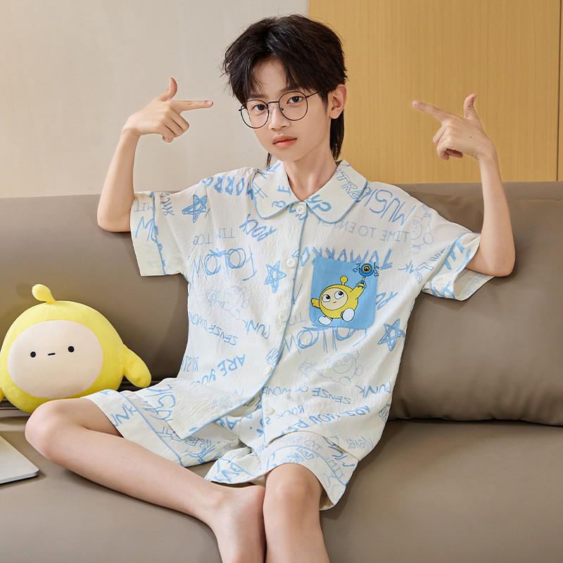 Boys Cotton Pajama Set Thin Sleepwear Cartoon Print Comfortable Home Wear Teens