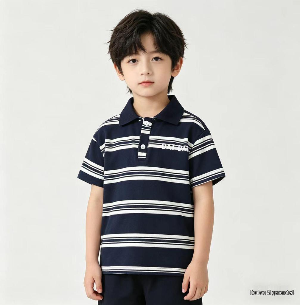 2025 Kids' Striped POLO Shirt - Unisex Summer Lapel Short Sleeve Color Block Top, Korean Style