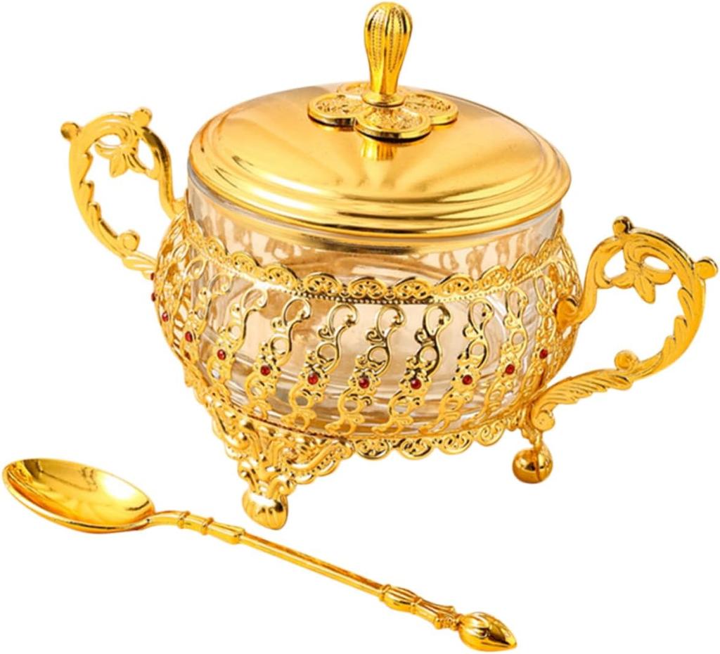 Sugar Bowl with Lid and Spoon Gold Glass Seasoning Spice Jar Candy Jar Set for Kitchen Coffee Bar Wedding Party