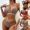 2 Pcs/Set Bra Briefs Set See-through Lace Embroidery Hollow Out Multi Straps Solid Color Thin High Waist Night Honeymoon Valentines Day Underwear Set