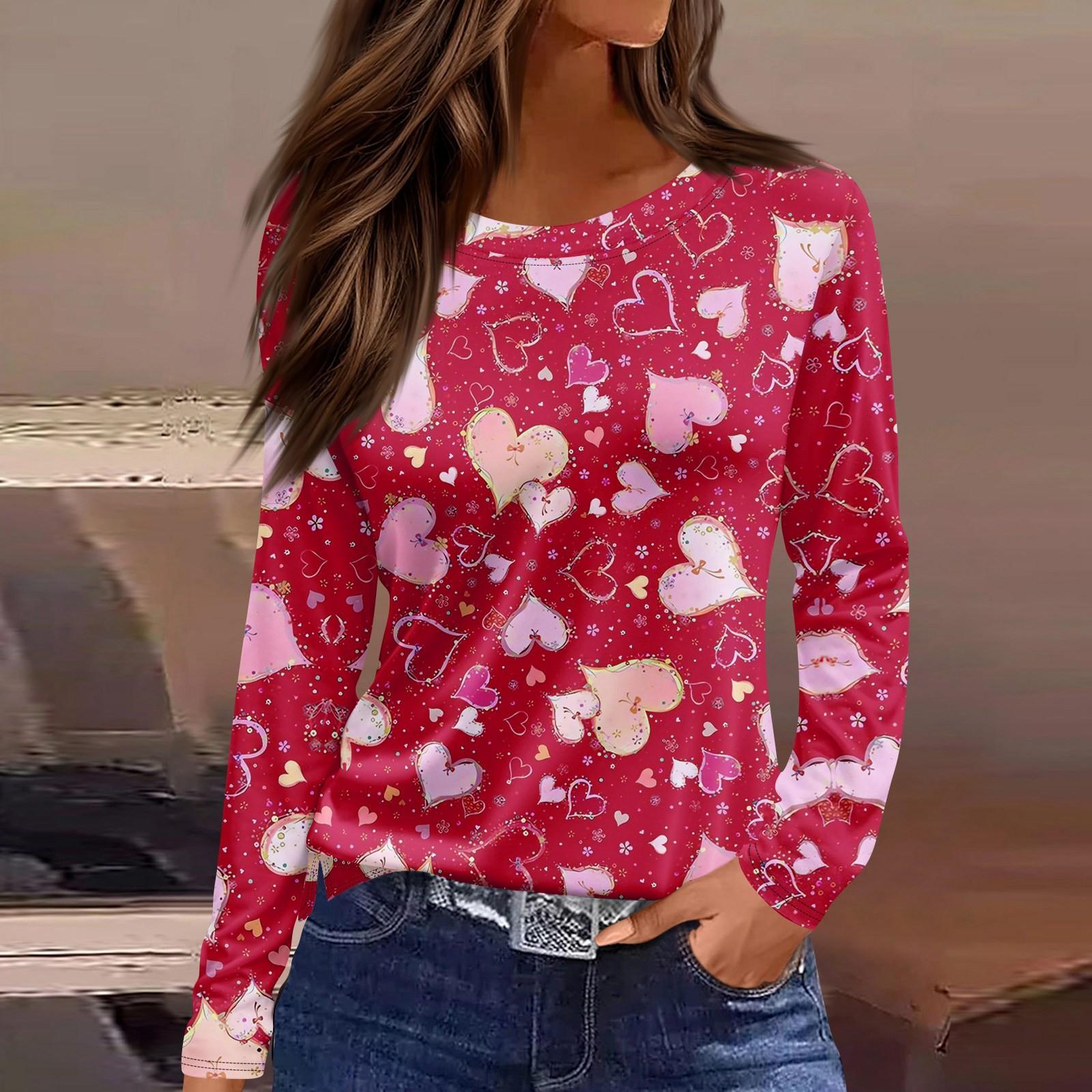 

Женская модная повседневная футболка с разрезом и круглым вырезом, длинным рукавом, с принтом ко Дню святого Валентина, женская футболка S красный