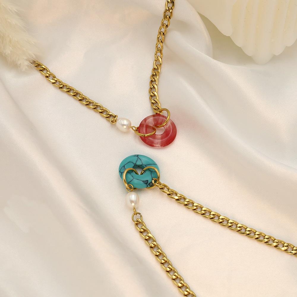 Personalized Light Luxury Stainless Steel Pearl Cuban Chain Natural Stone Pendant Round Turquoise Necklace Jewelry