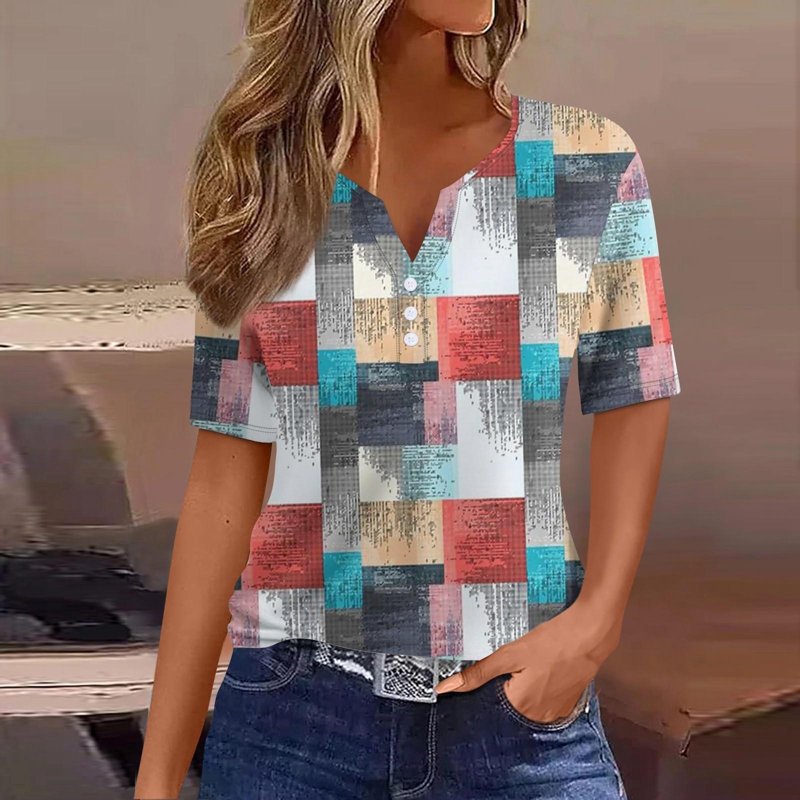 

Жен. Футболка Футболка С принтом Пуговицы С короткими рукавами Повседневные Выходные Мода Классический V-образный вырез Обычный Верх S