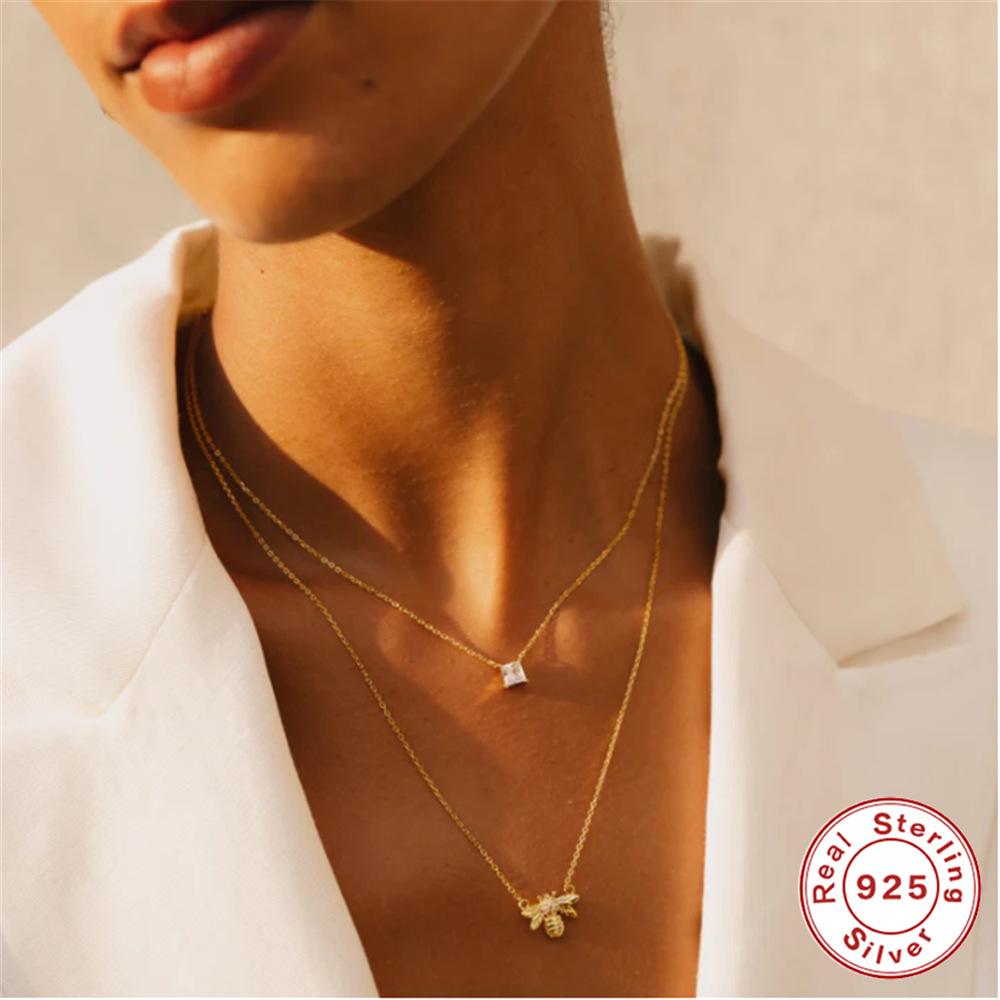 Stylish And Simple Style High-End Sense S925 Sterling Silver Square Four-Claw Diamond-Encrusted Women'S Collarbone Necklace