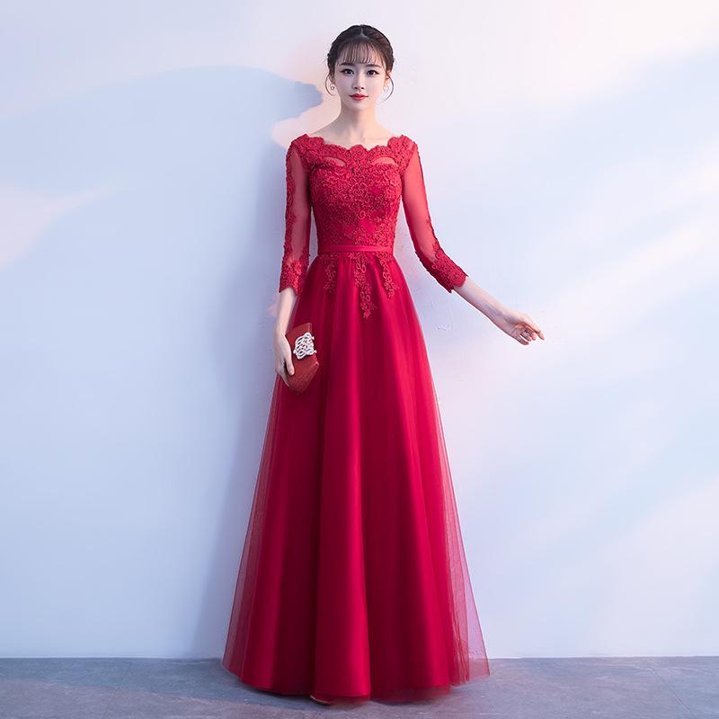 Simple and Generous Champagne Long Sleeves Long Thin Large Size Fat Mm Temperament Banquet Bridesmaid Evening Dress Dress Women