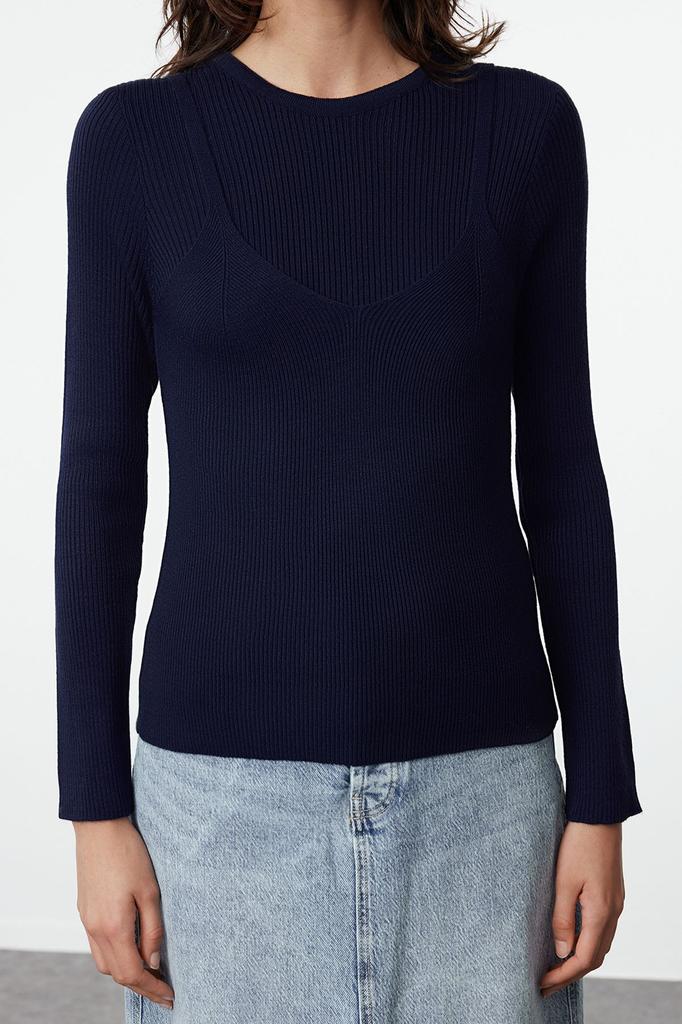 Women's Elegance Style Sweater Navy Blue Basic Double Knitwear Sweater