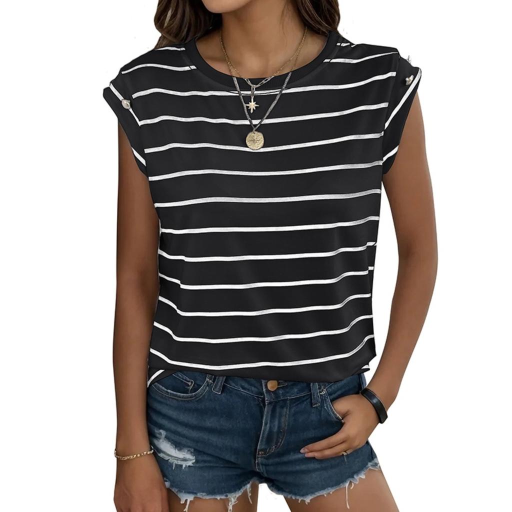 Summer Women's Classic Striped Sleeveless T-shirt Casual Versatile European American Style Tops