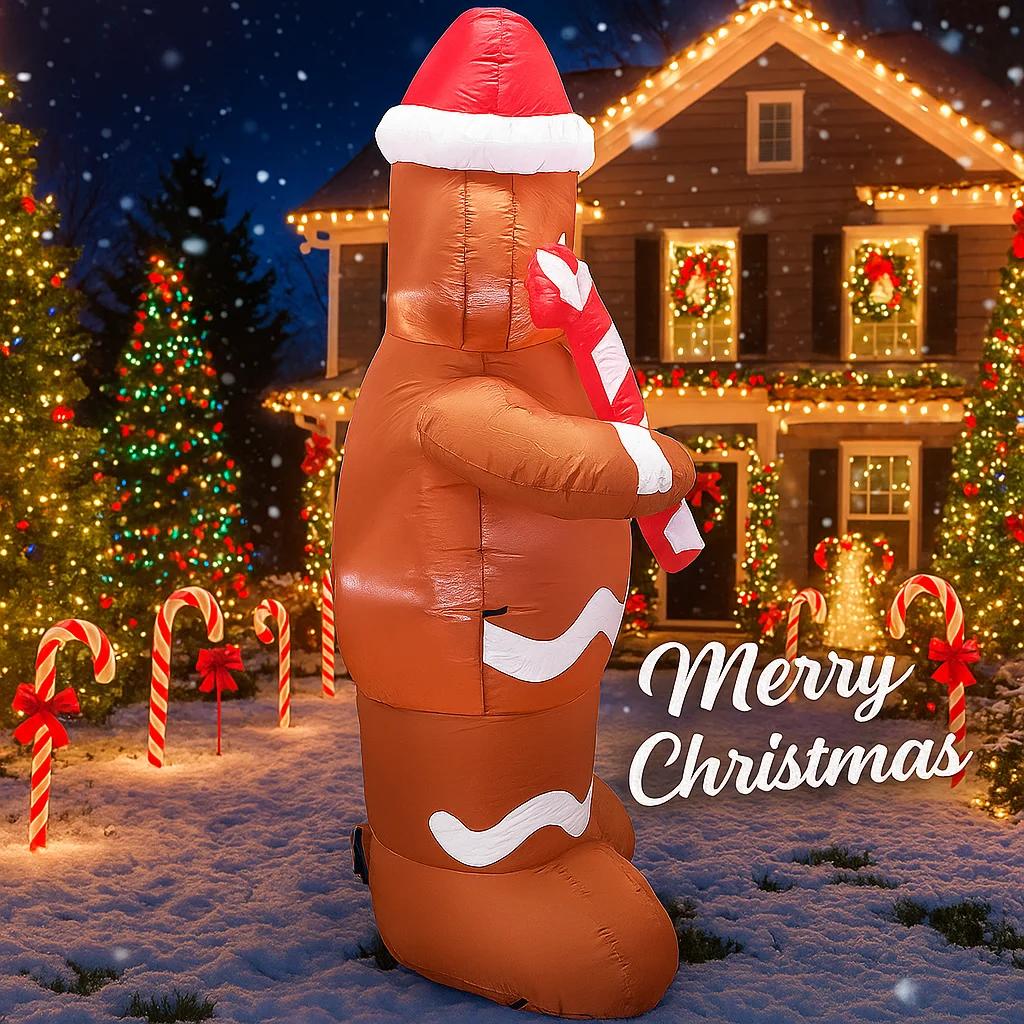 4.9FT Xmas Holiday Inflatable Yard Decor LED Gingerbread Man Candy Cane Outdoor Lawn Garden Toy Supplie Home Decor Ornament Gift
