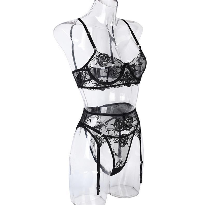 Mesh Embroidery Underwire Lingerie Set: Bra, Panties, and Garter - European & American Style