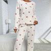 Womens Warm Fleece Pajama Set With Cherry Print Long Sleeve Round Neck Comfortable Sleepwear Winter