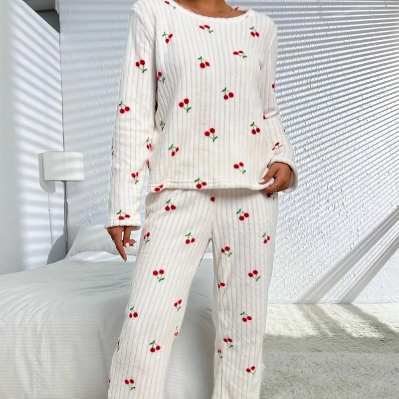 Womens Warm Fleece Pajama Set With Cherry Print Long Sleeve Round Neck Comfortable Sleepwear Winter