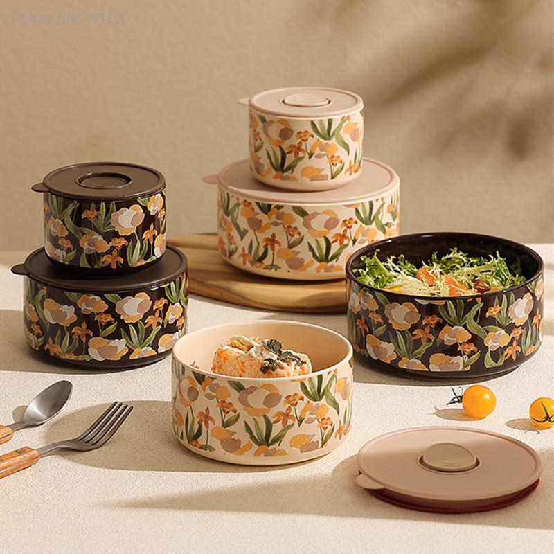 French Fresh-keeping Bowl with Lid Sealed Ceramic Bowl Microwave Oven Heating Bento Box Exquisite Home Noodle Bowl Friend Gift