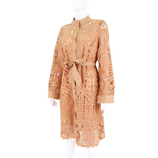 Shirt Dress Hollow Out Lace Spring Summer Slim-fitting Belted Dress for Daily Wear