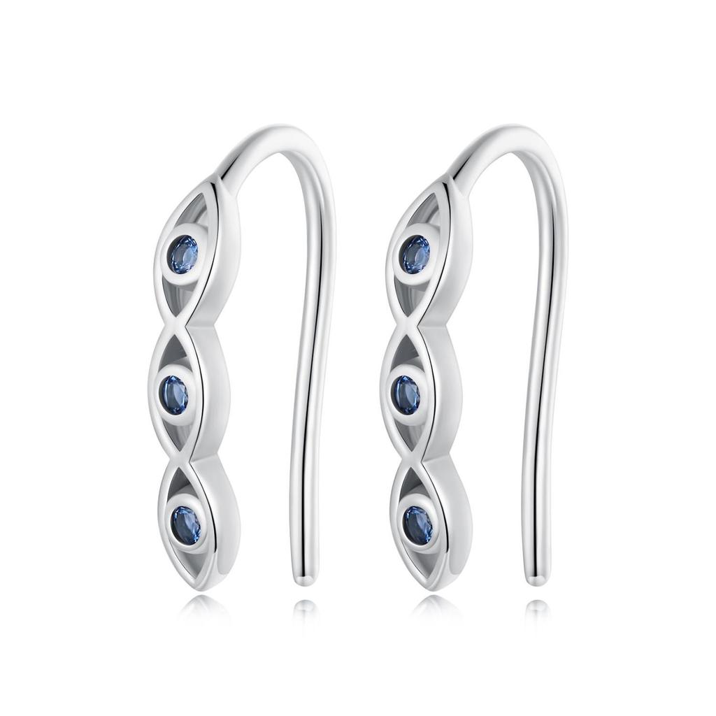 Three Devil's Eye Hook Earrings Blue Zircon 925 Sterling Silver Lucky Earrings Cuffs