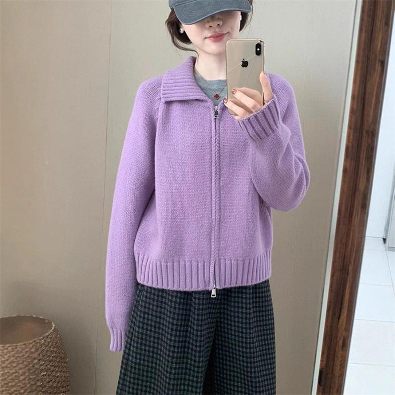 High-end Fashion Lapel Double Zipper Sweater Women's Autumn and Winter New Lazy Style Casual Knitted Cardigan Jacket