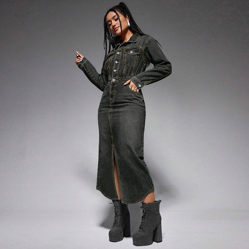 Abito Maxi in Denim da Donna Manica Lunga Collo a Rever Chiusura con Bottoni Spacco Laterale Vita Cinciuta Casual Bodycon Abito Jeans