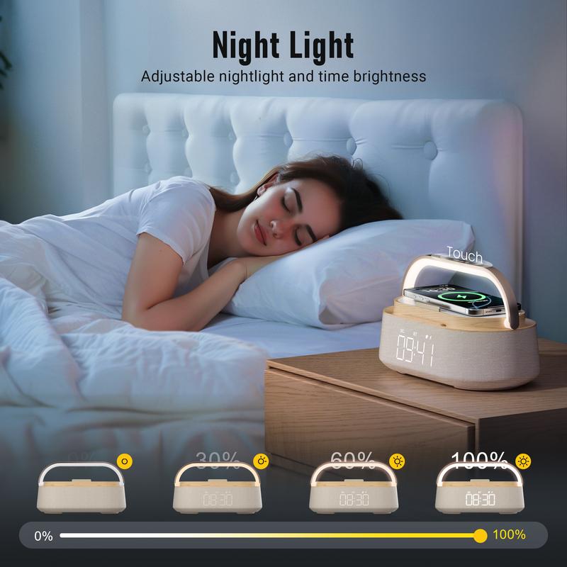 Portable Dual Alarm clock Bluetooth Speaker, Phone holder Wireless Charger, FM Radio & Dimmable Light for Bedroom Office Home Gift Giving