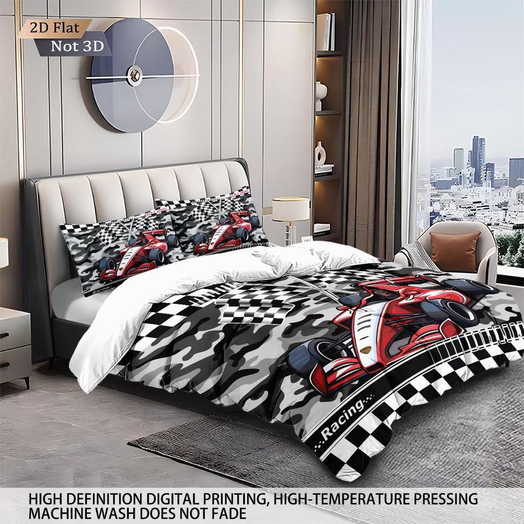 Racing Sports Car Print Bedding Set: Customizable Three-Piece with Pillowcase