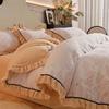 Winter Thick Milk Fleece Bedding Set French Lace Duvet Cover Sheet Coral