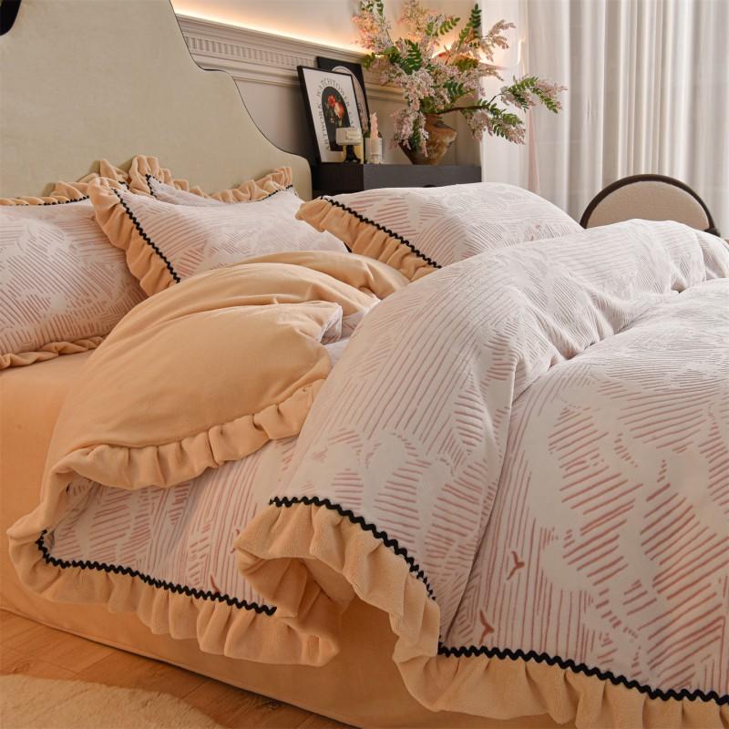 Winter Thick Milk Fleece Bedding Set French Lace Duvet Cover Sheet Coral