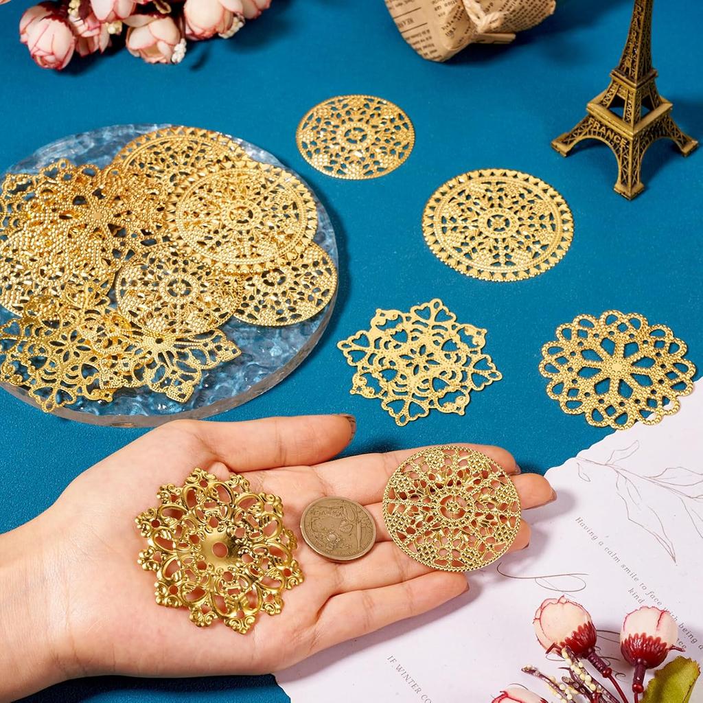 Cheriswelry 48pcs Flower Filigree Joiners Links Flower Golden Metal Dangle Charms Rack Plating Iron Etched Metal Embellishments 48~65mm for DIY Craft