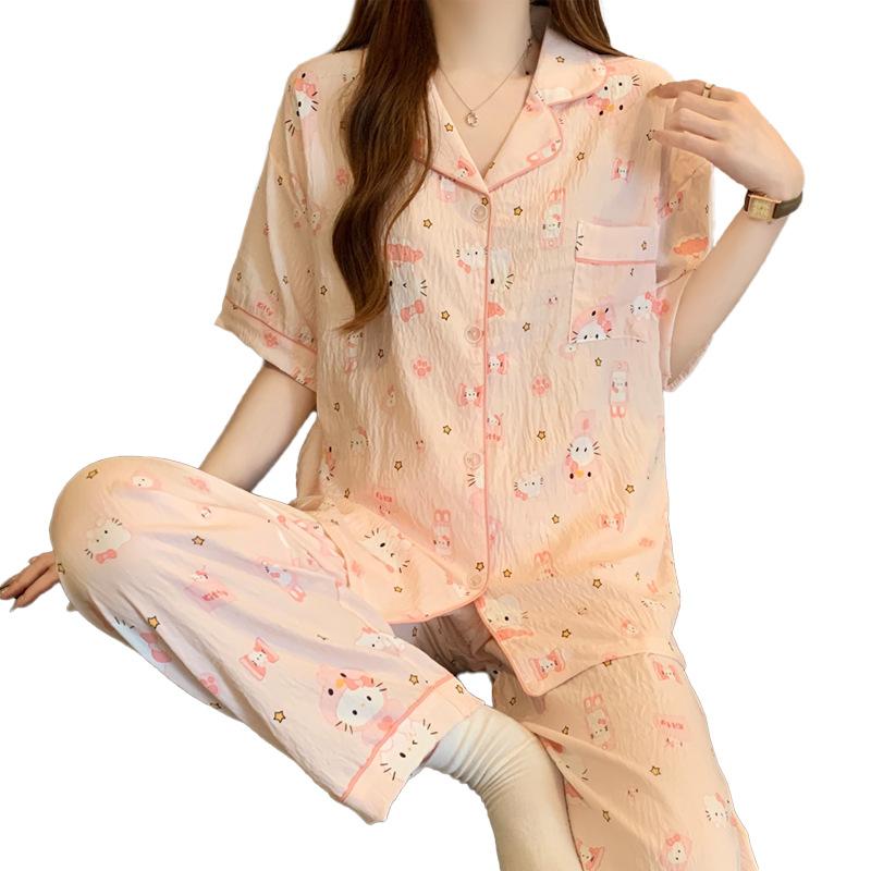 Cloud Cotton Pajamas Women'S Summer Dream Candy Cute Lapel Short Sleeves Trousers Homewear