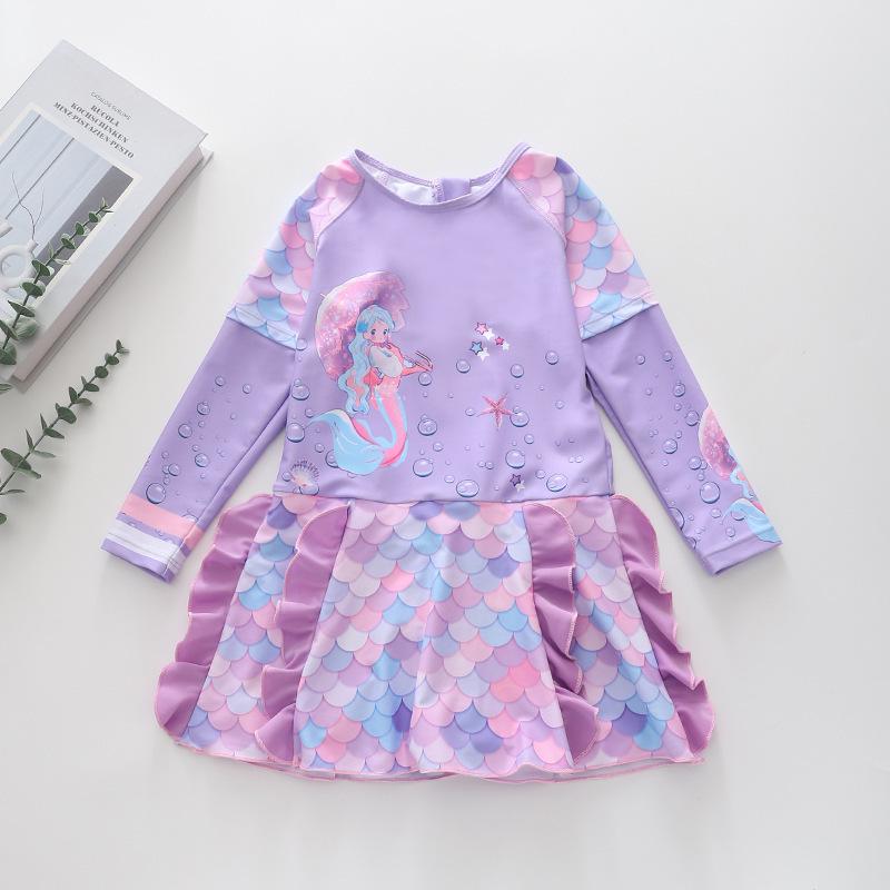 2026 Long Sleeve Girls' One-Piece Swimsuit Skirt Style with CPC Certification for Medium and Large Children