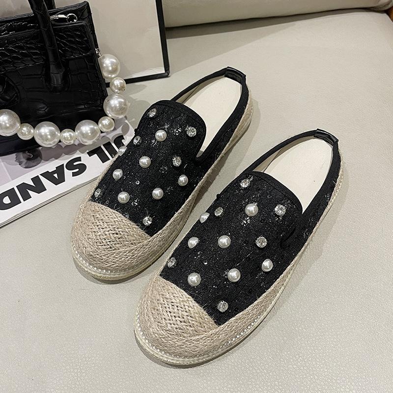 

Соломенные тапочки-рыбаки женские 2025 лето новые баотоу низкий каблук плоская подошва стразы цветы досуг интернет-знаменитость полубосоножки женские 40 чёрный