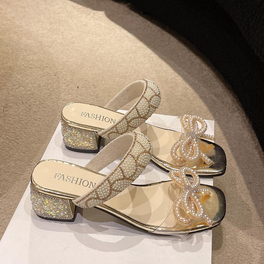 Size 35-42 Celebrity Temperament Cool Slippers Women's 2025 New Rhinestone Bow One-word Dress Wear High Heel Sandals