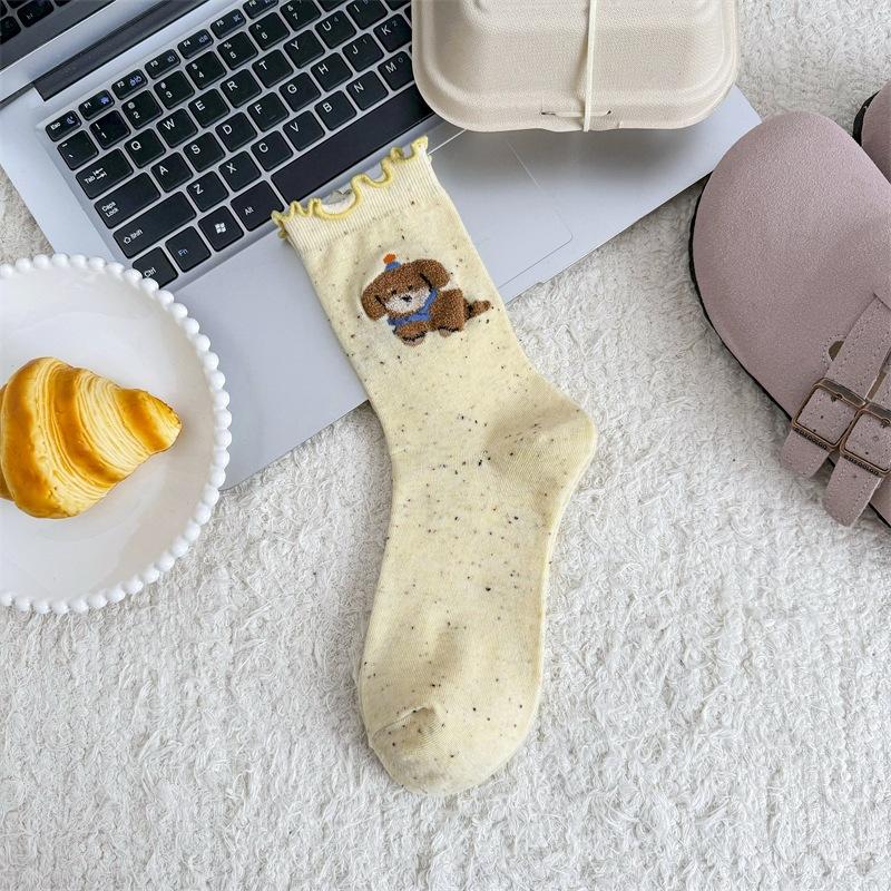 

Женские весенне-осенние новые мультяшные носки с подвернутым краем и краем «деревянное ушко» из чистого хлопка, махровые внутри 1 pair жёлтый