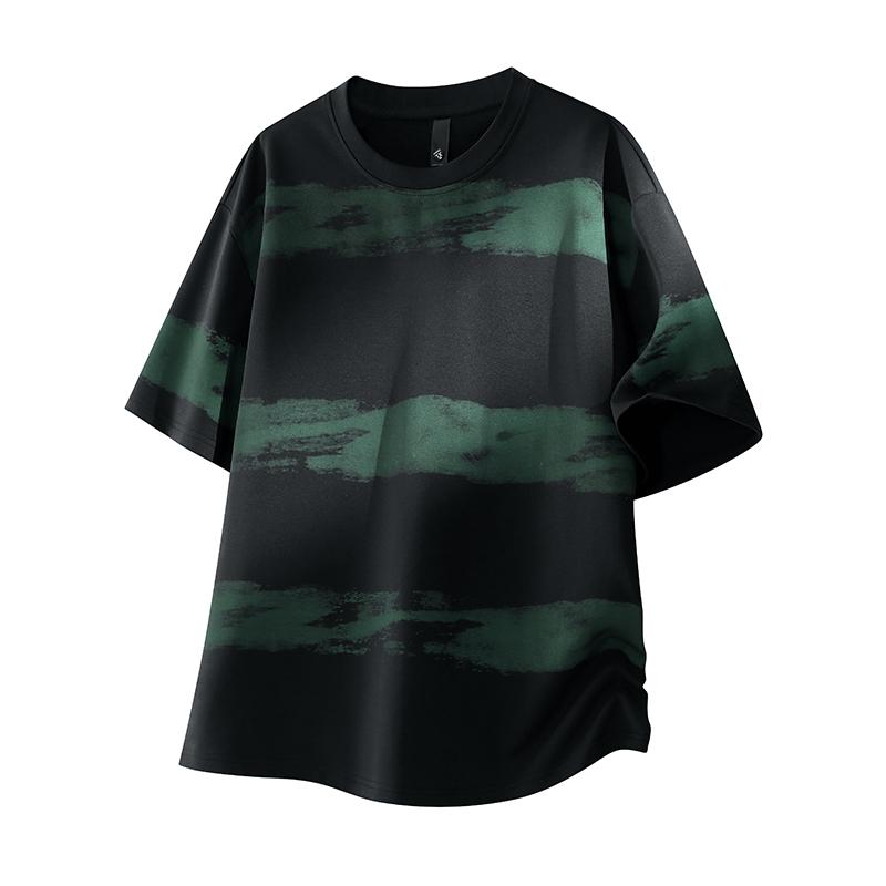 Men Short Sleeve T Shirt Abstract Stripe Print Loose Fit Casual Crew Neck Streetwear Top M зелёный