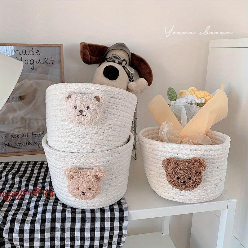 1 PC Cute Woven Rope Storage Basket with Plush Bear Design - Multi Purpose Desktop Storage Box, Modern Style, Rack Basket