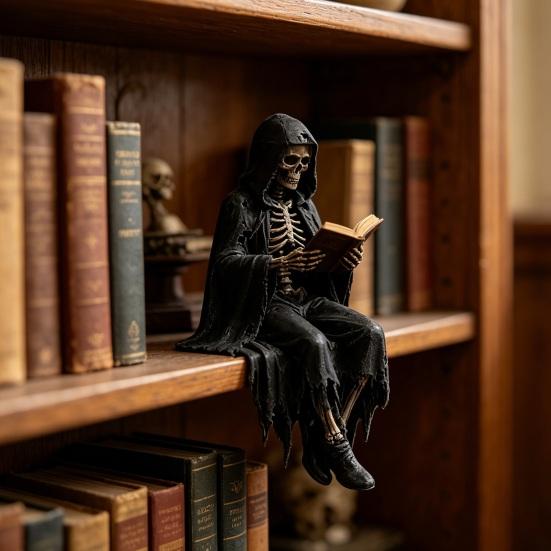 Jijijing Gotische Duistere Fantasie Figuur, Skelet Lezend Boek Beeldje, Academie Huisdecoratie voor Bibliotheek Kantoor Studiekamer Verzamelaar Display Cadeau