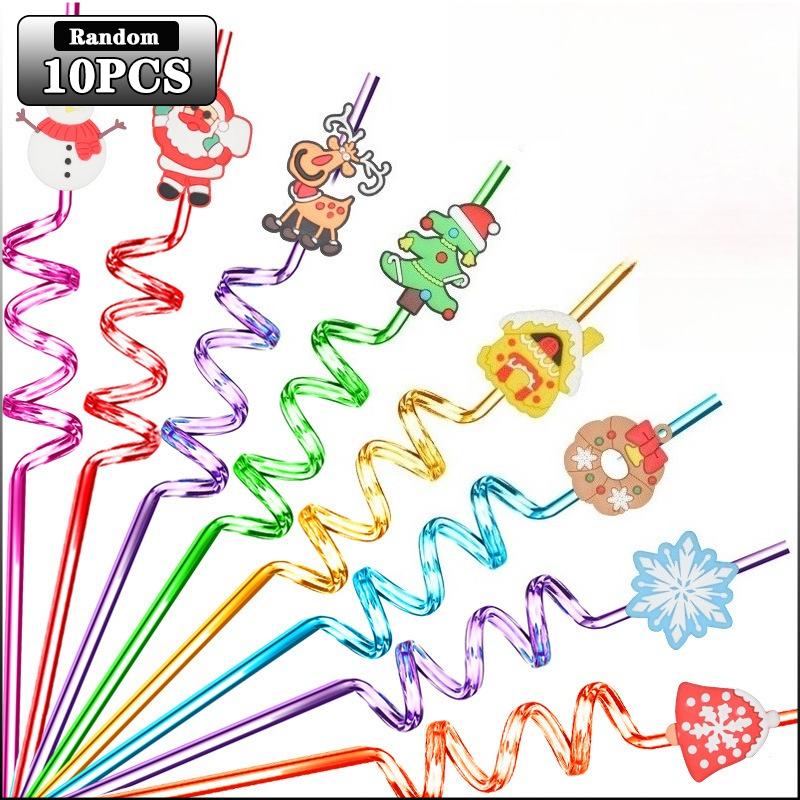 Christmas Plastic Drinking Straws Cute Santa Snowflake Reindeer Straws Party Favors for Kids Holiday Xmas Party Supplies