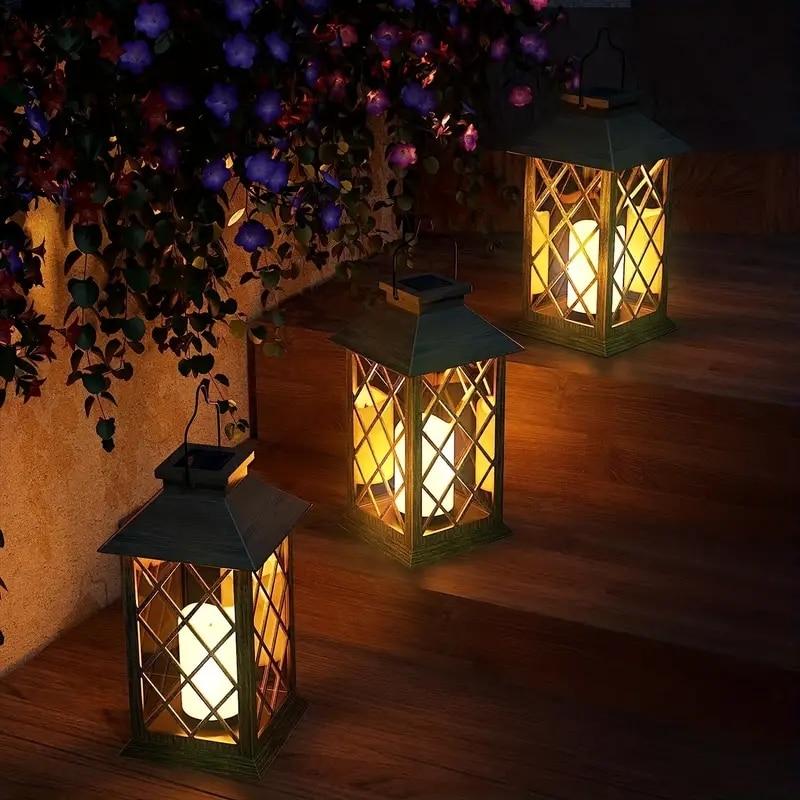 Solar Powered Outdoor Waterproof Courtyard Lights Hollowed Out Candle Holders Pendant Lights Retro Candles for Garden Lawn Patio
