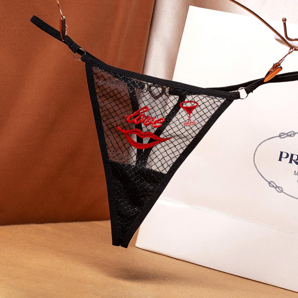 Sexy Plaid Perspective Thong Women's Hot Hollowed-out Embroidered Love Diamond Jewelry Beautiful Buttocks Low Waist Thin Belt Seduction Panties