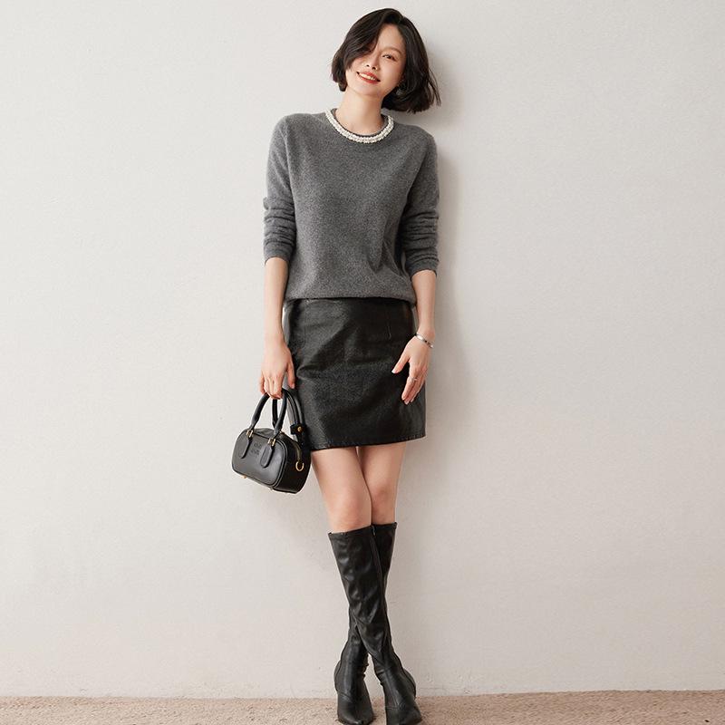 Women's Rhinestone Cashmere Sweater: Round Neck, Loose Fit, Flat Knit, Stylish Autumn/Winter Pullover