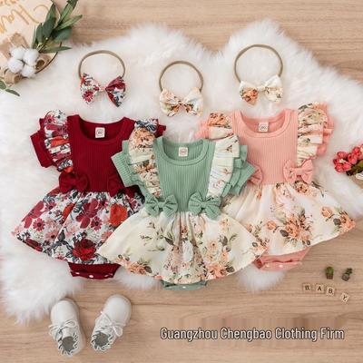Nieuwgeboren Jumpsuitjurk met bloemenkant en strik voor babymeisjes