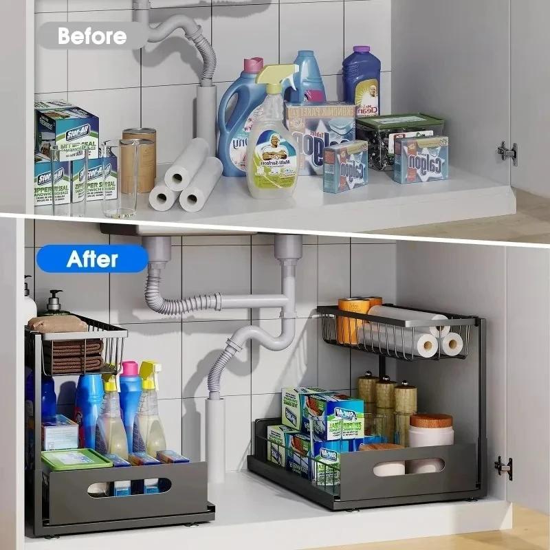 1/2pcs 2-layer sliding sink cabinet, drawer pull-out cabinet, multi-purpose sink storage seasoning rack - ample storage space