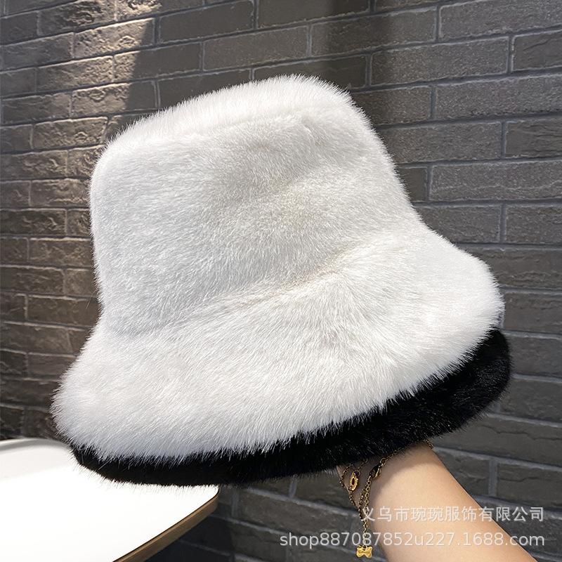 Autumn and winter new solid color bucket hat women's fashion show small face warm fluffy basin hat simple imitation mink bucket hat