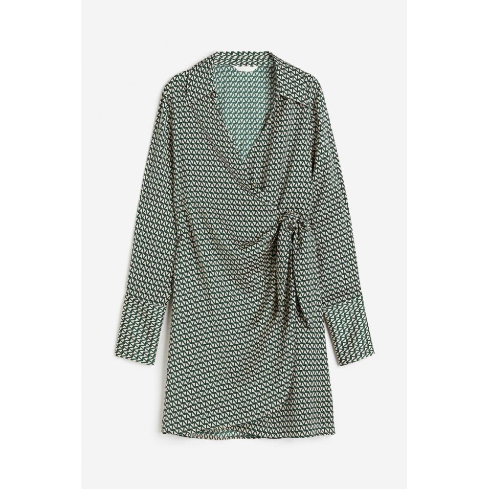 

H M Satin Wrap Style Dress Dark Green Patterned