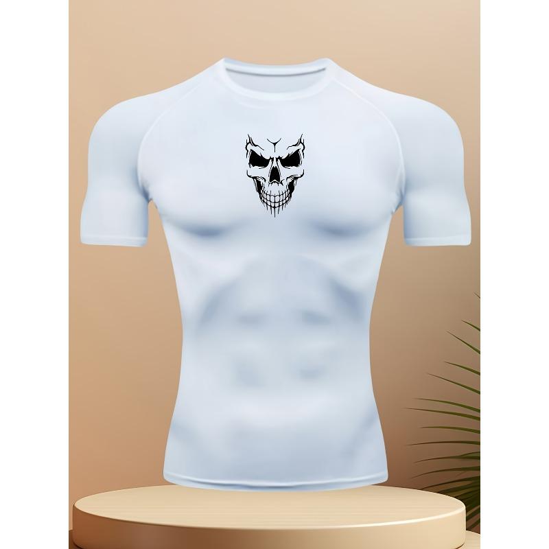Men s Compression Shirt Quick Dry White Gym T-Shirt Black Skull Print Workout Sportswear S