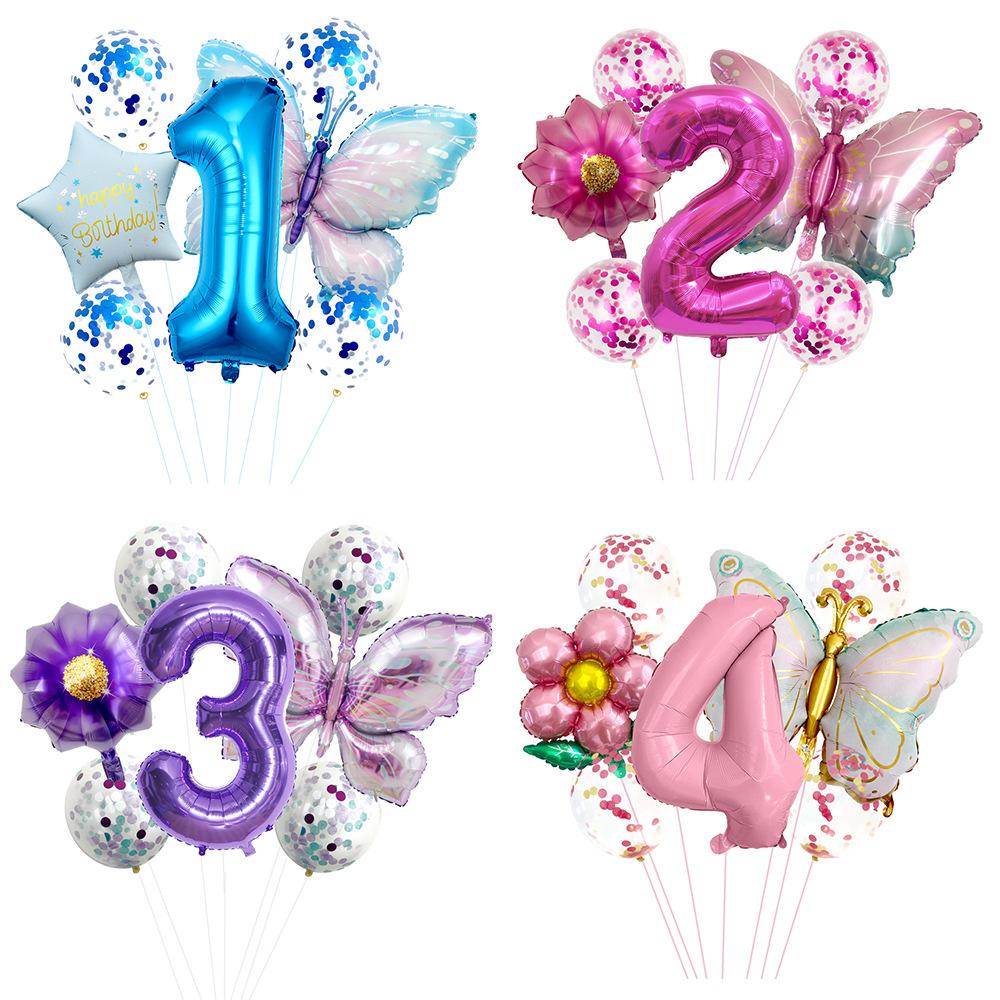 Butterfly 32 Inch Digital Flower Aluminum Film Balloon Set Baby Birthday Balloon Party Decoration Scene