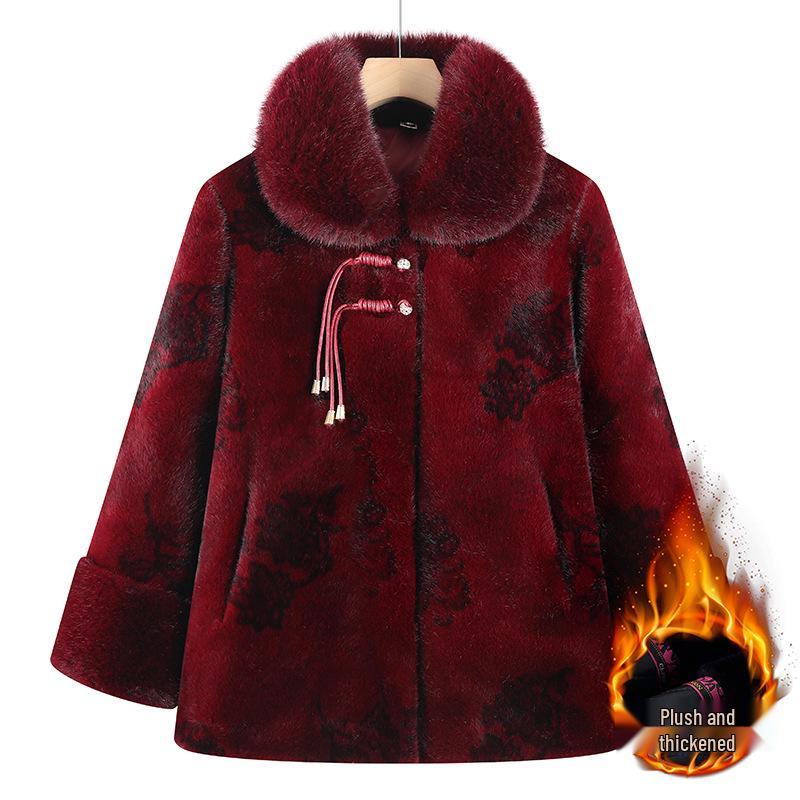 Chinese Style Faux Fur Plush Granny Jacket for Women (Ages 70-80)