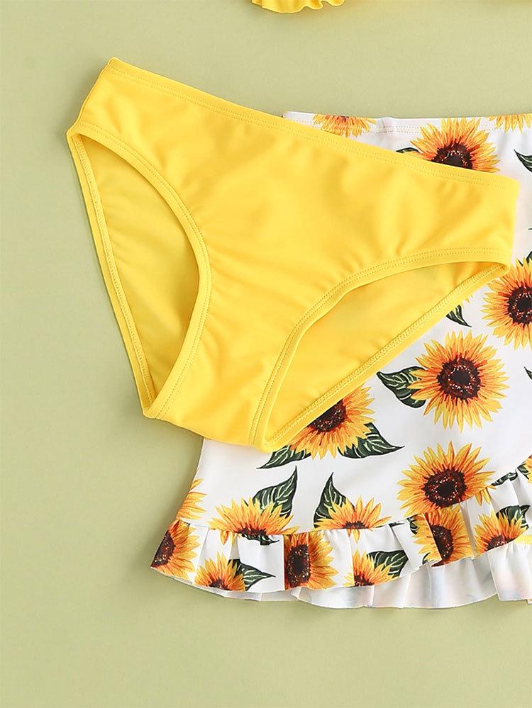 2025 Girls' Solid Color Flounce Three-Piece Swimsuit with Mesh Skirt