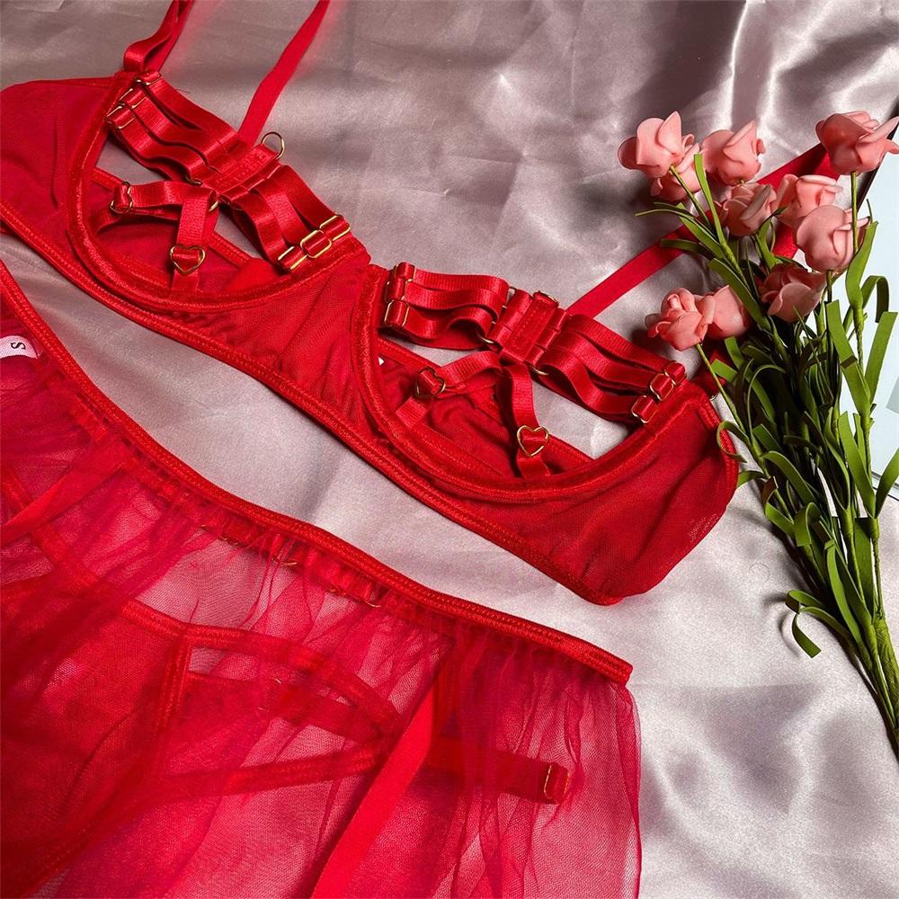Aduloty Summer Women's Sexy Lingerie Underwire Bra Lace Stitching Garter Leg Ring Thin Section Temptation Erotic Underwear Set