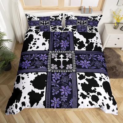 Cow Print Duvet Cover Queen Vintage Floral Bedding Set For Girls Boys Men Western Farmhouse Animal Bull Cattle Skin Quilt Cover