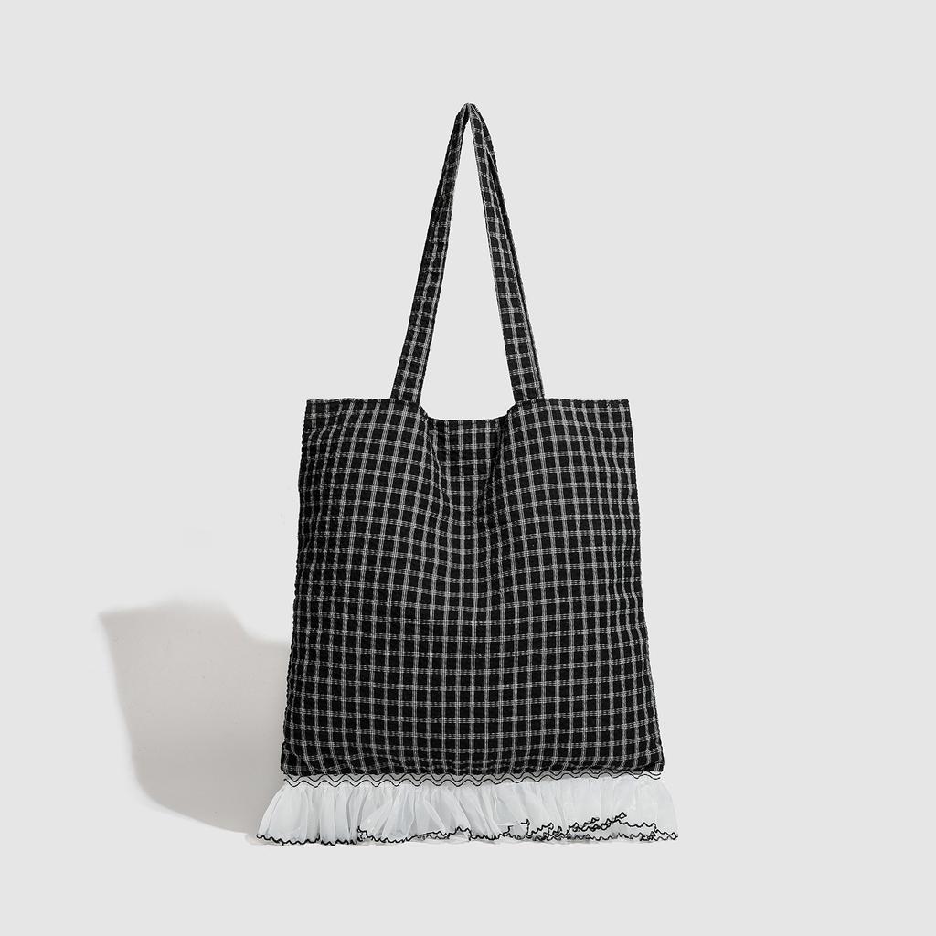 2025 New Niche Design Girl Lace Bow Plaid Shoulder Bag Women's Large-capacity Commuter Tote Bag Tide